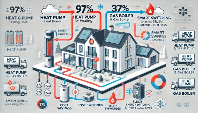 DALL·E 2025-03-03 11.21.32 - An infographic-style illustration about hybrid heating systems using a heat pump and a gas boiler. The image features a modern house with two heating .webp